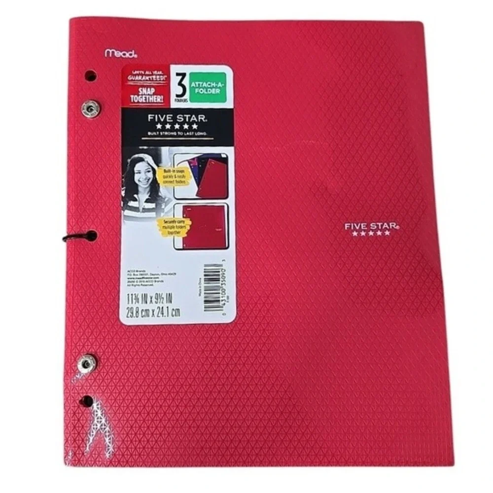Mead Five‎ Star School 3-Folder Attach A Folder Snap Together Red Binder New